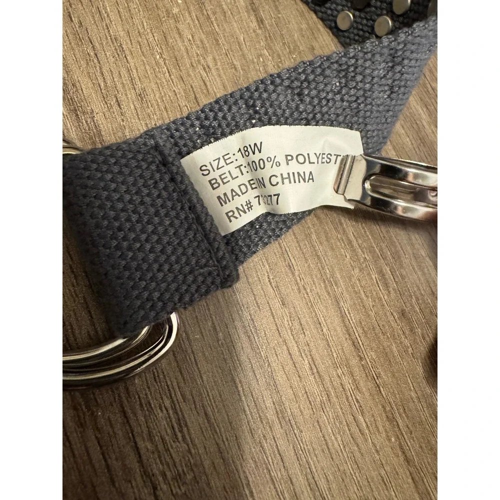 Studded D-Ring Canvas Web Belt Charcoal Gray Rhinestone Accent Size 18W